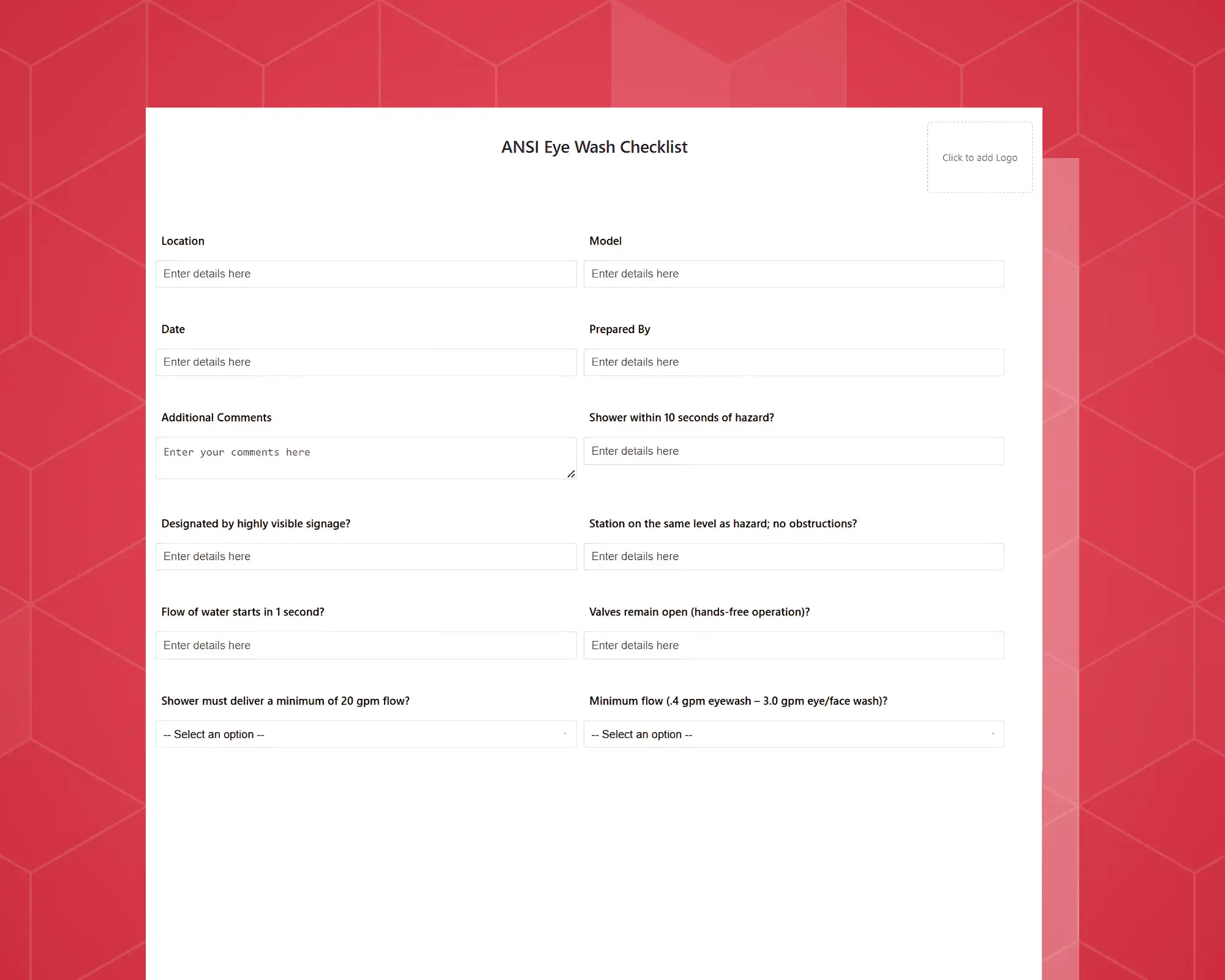 ANSI Eye Wash Equipment Annual Checklist Form