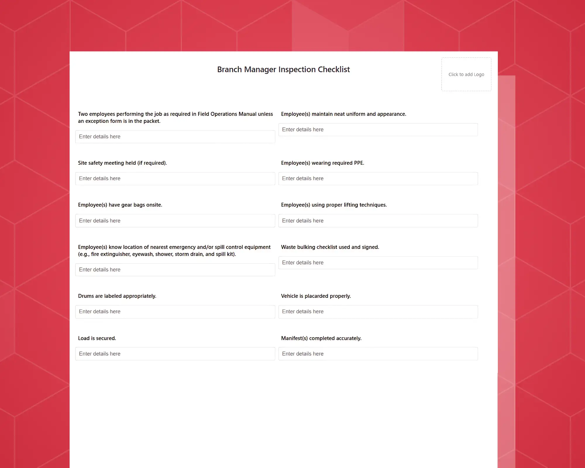 Free Branch Manager Inspection Checklist Form: Fill & Download