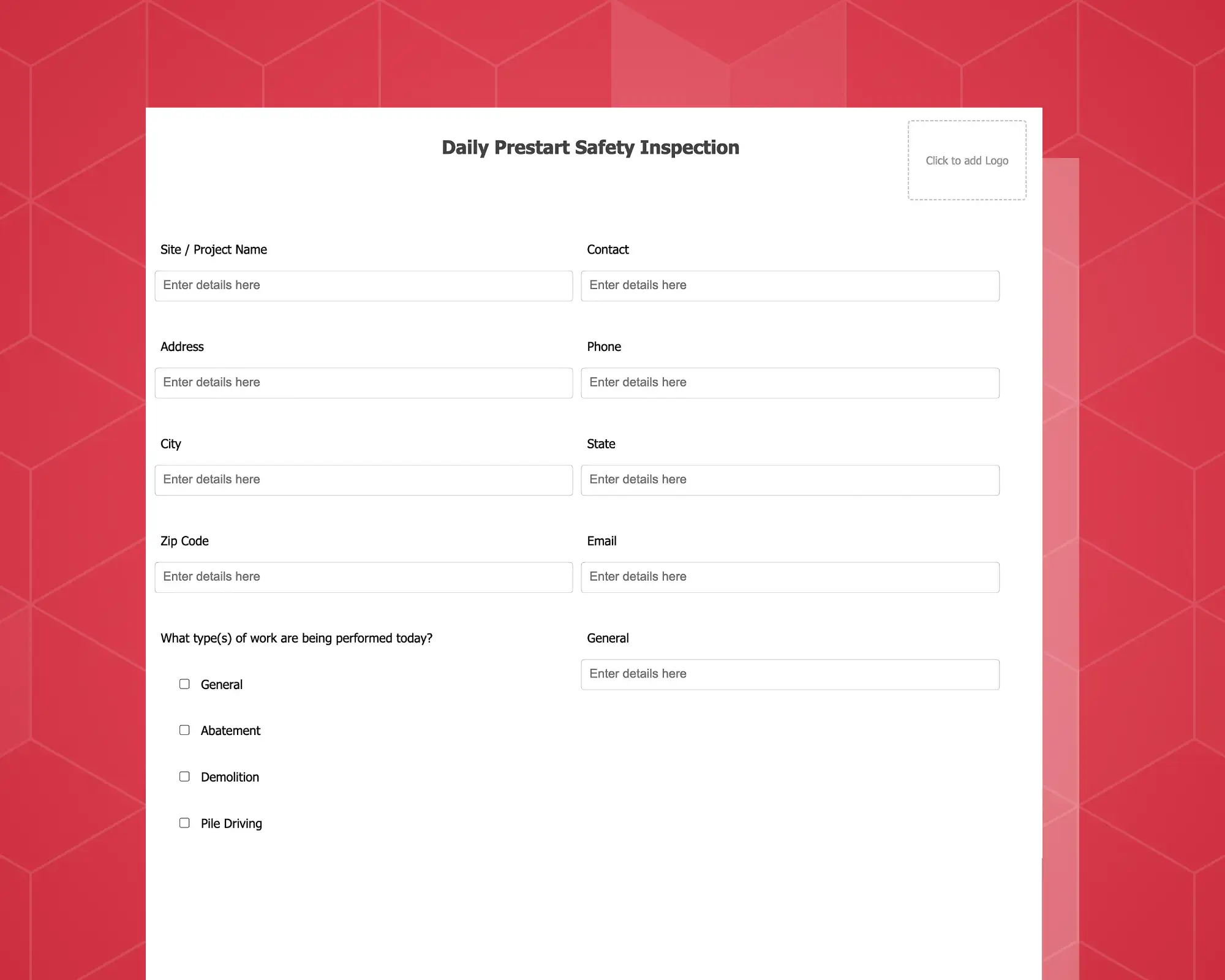 Daily Prestart Safety Inspection Checklist Form