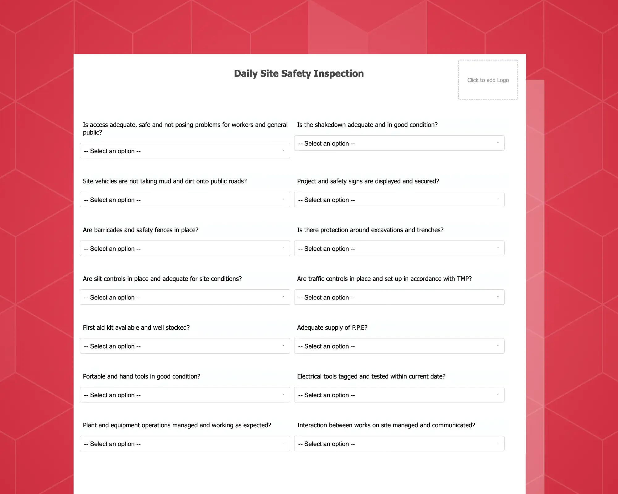 Daily Site Safety and Environmental Inspection Record Civil Checklist Form