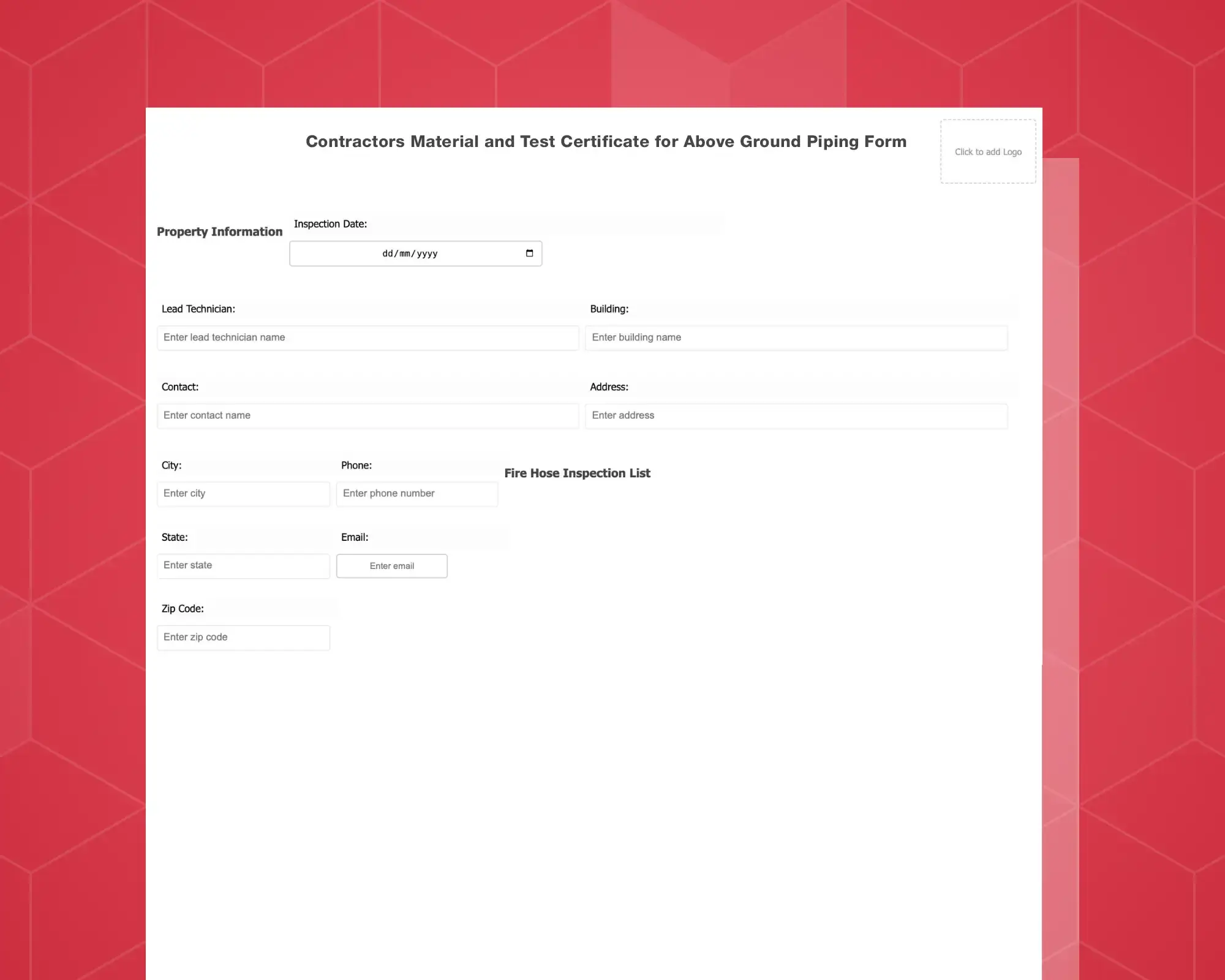 Contractor’s Material and Test Certificate for Above Ground Piping Form