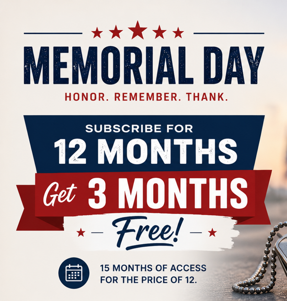 Memorial Day promotional poster: "Subscribe for 12 months, Get 3 months Free" with patriotic blue and red ribbons and stars on a light background.
