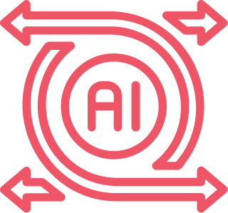 Icon of AI with a circular feedback loop formed by bidirectional arrows surrounding the letters 'AI' in the center, symbolizing continuous learning.