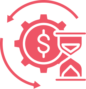 Circular arrows surround a gear with a dollar sign and an hourglass, symbolizing cost, time, and process optimization.