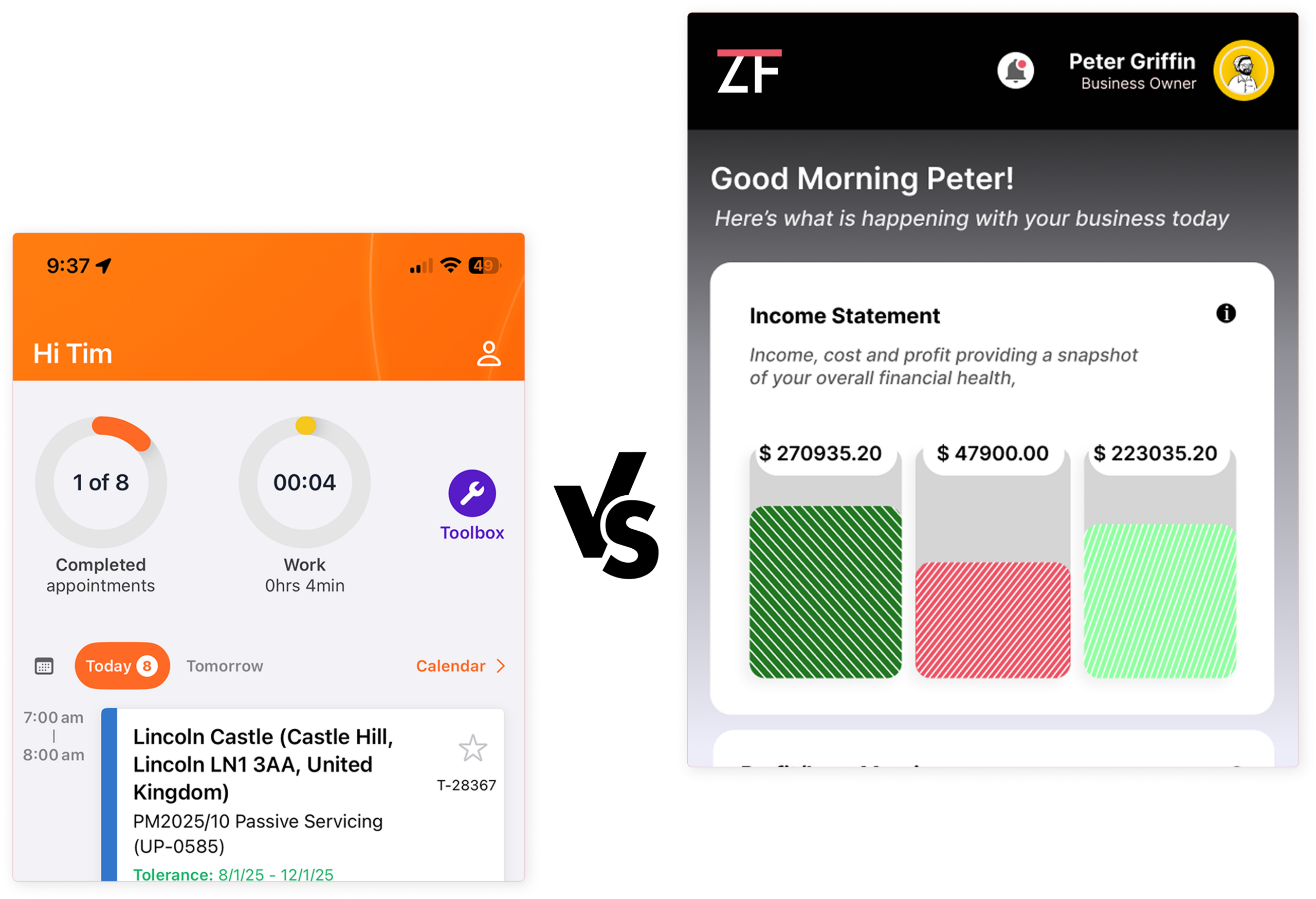 Screenshot of a mobile calendar app greeting Tim with upcoming events and tasks; right side shows a separate business dashboard with an income statement.