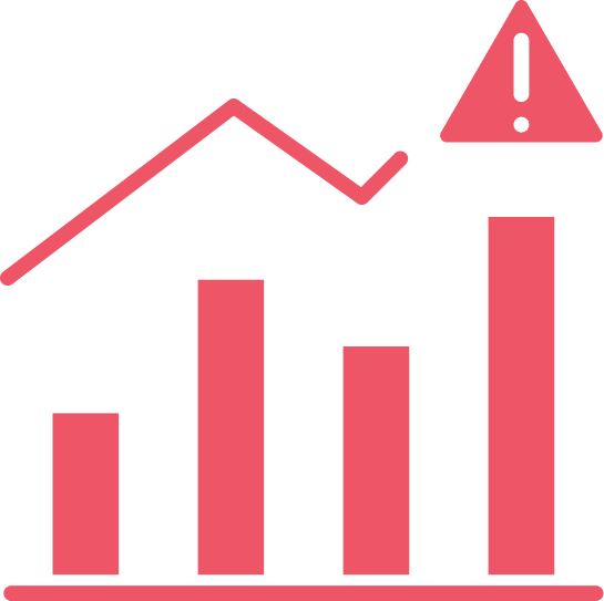 Bar chart with rising bars and a warning icon in the top-right corner.