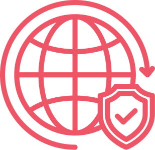 Global network icon with a shield and check mark, representing online security/ protection of the internet