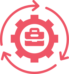 Pink gear icon with a centered briefcase and circular arrows around it, representing business process automation or workflow automation.