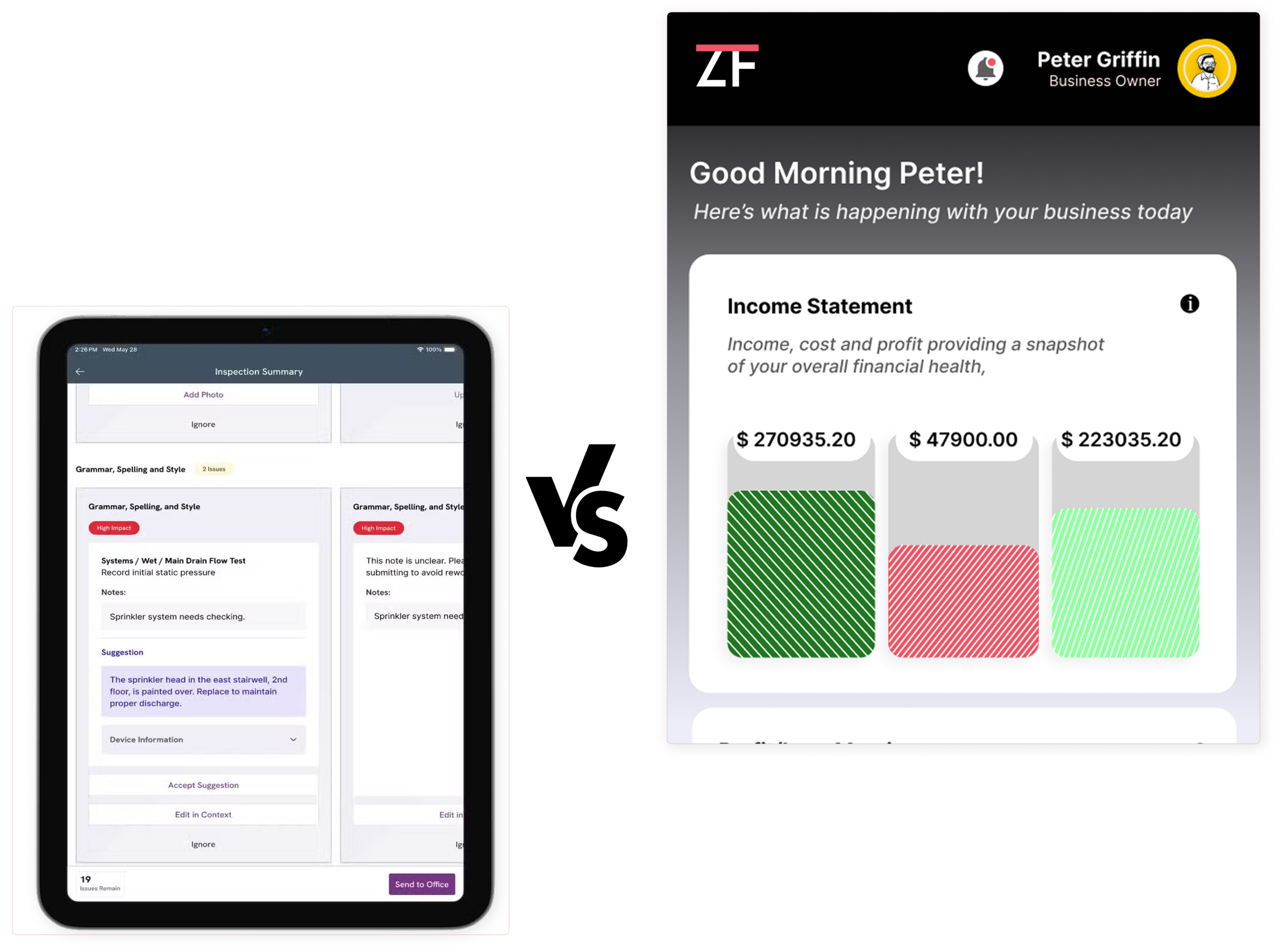 Split-screen: left tablet shows Inspection Summary checklist; right screen displays an Income Statement with numeric cards and colorful blocks.