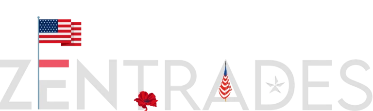 Logo reading ZENTRADES in light gray block letters on a black background, with a small U.S. flag on the left and a red poppy near the center.