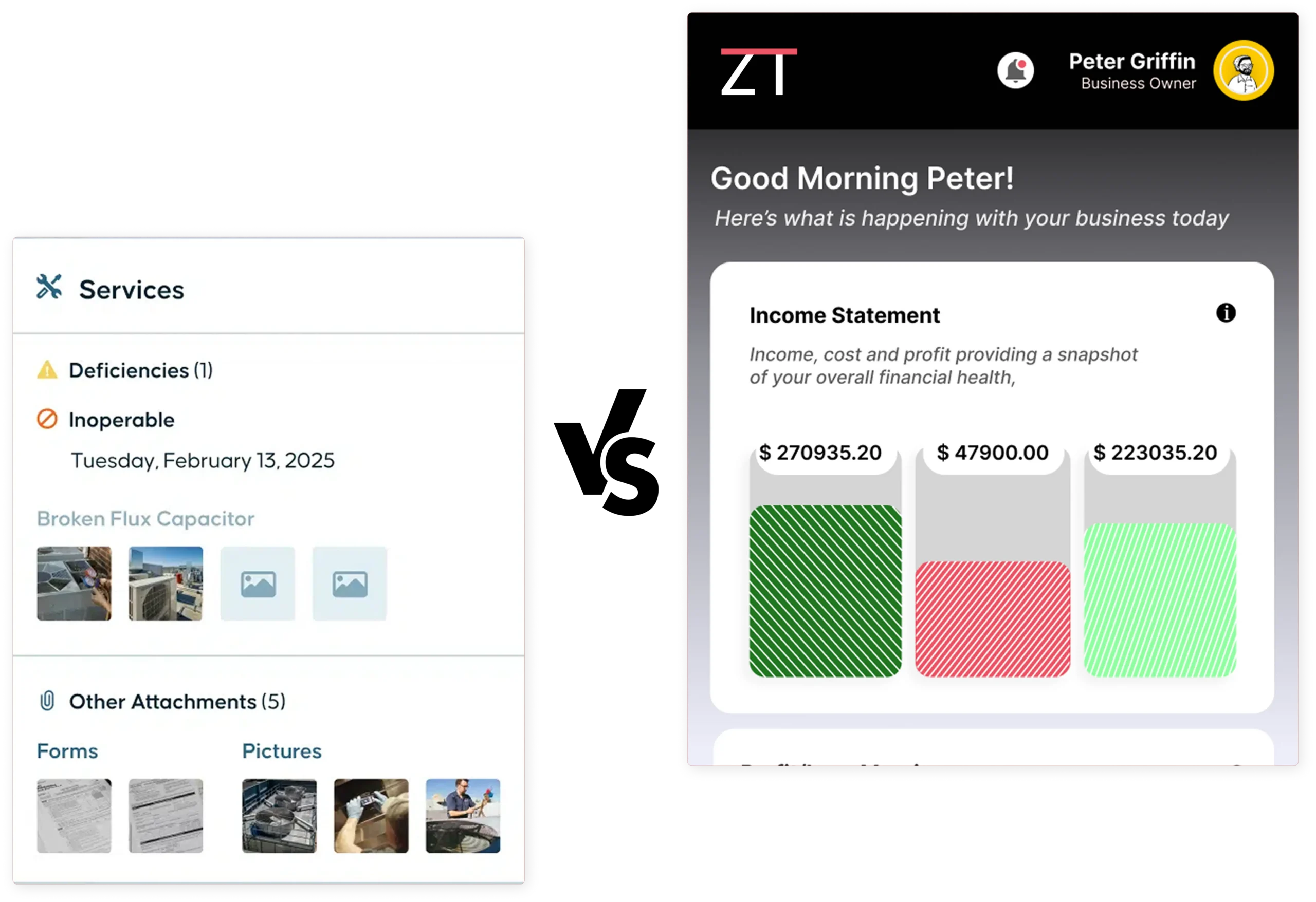 Split view of a mobile app: left panel shows 'Services' with Deficiencies and Inoperable; right panel shows 'Income Statement' with colorful charts.