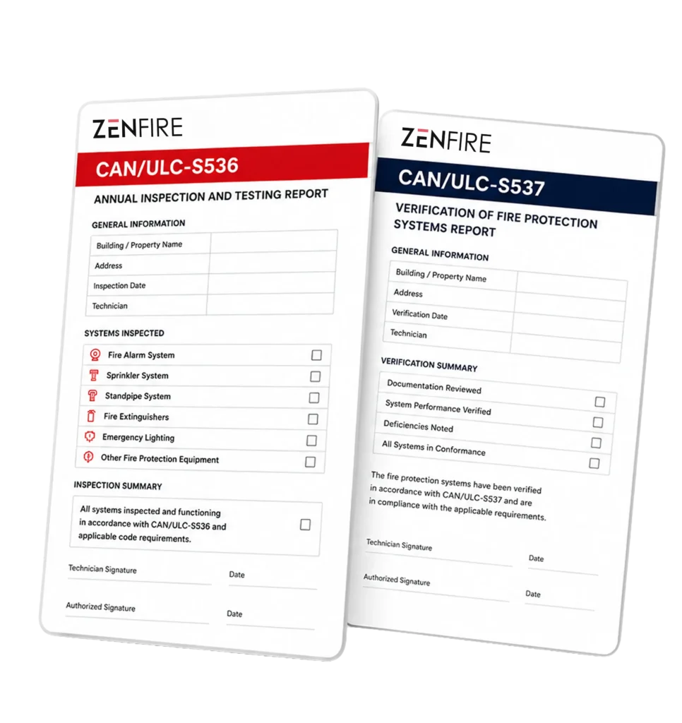 Two overlapping ZenFire CAN/ULC forms (S536/S537) with red and blue header bands, showing checkboxes and filing sections.