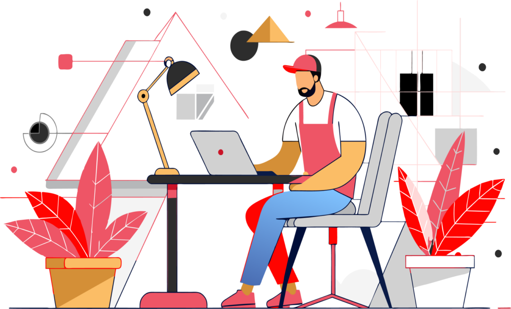 Person wearing a red apron and cap sits at a desk, working on a laptop in a bright, modern studio with plants and abstract decor.