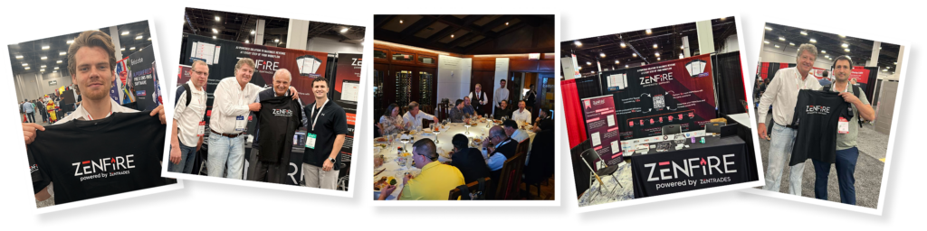 Collage of trade show scenes: people posing with a ZenFire T‑shirt, booth demos, and a banquet table setup.