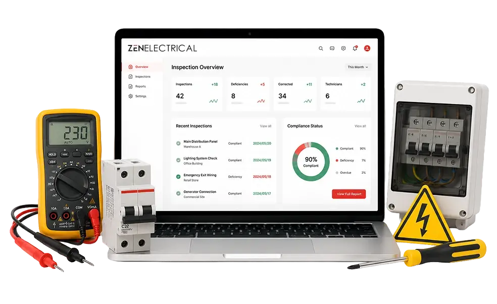 Laptop showing an electrical inspection dashboard beside a multimeter, breaker and electrical box on a workspace, with a warning sign nearby