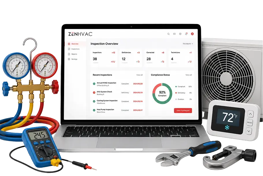 Laptop displaying an HVAC inspection dashboard surrounded by refrigerant gauges, colored hoses, a digital thermometer, and hand tools on the workbench.