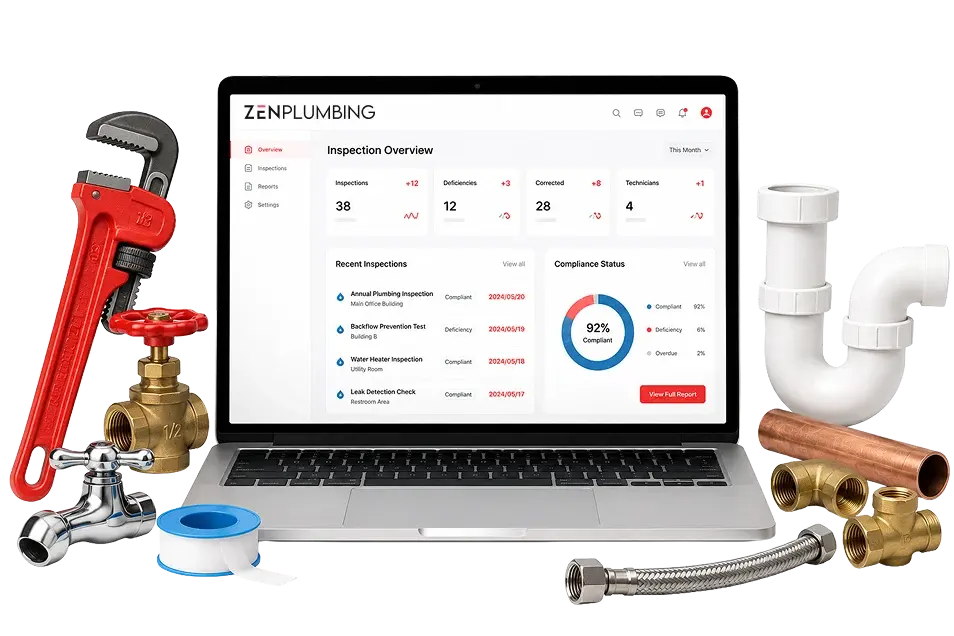 Laptop displaying a plumbing inspection dashboard with recent inspections and compliance stats, surrounded by tools and fittings.