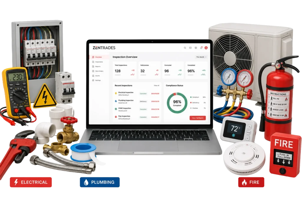 Laptop displaying a maintenance analytics dashboard surrounded by electrical, plumbing, HVAC, and safety tools and gauges you’d find in a workshop.