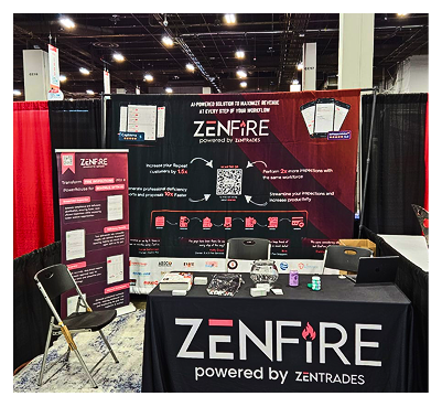 Trade show booth for ZENFIRE powered by ZENTRADES with a black table, banners, and product samples on display.
